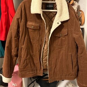 Guess Tan Corduroy Jacket with Cream Sherpa Collar